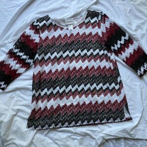 Alfred Dunner Burgundy White and Black Chevron Lace Top